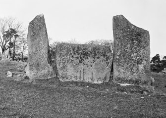 Recumbent stone and flankers.
Negative captioned 'Castle Fraser Stone Circle on West Mains farm. Recumbent Stone & Pillars from Outside. February 1903'.