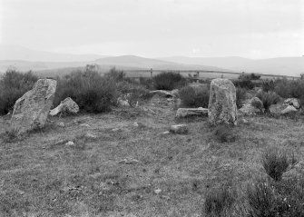 General view of stone circle from the east.
Original negative captioned: 'Stone Circle on Tom-na-hivrigh (Tomnaverie) on farm of Mill of Wester Coull near Tarland July 1904. View from East side showing Stone Setting / Tom-na-hivrigh = Hill of worship or justice'.