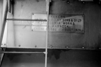 View showing locomotive maker's plate which is inscribed 'MAKERS ANDREW BARCLAY SONS & Co. LTD. CALEDONIA WORKS KILMARNOCK. ENGINE No. 9689 BUILT 1924'