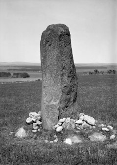 View of standing stone.
Original negative captioned: 'Standing Stone at Back Fornet, Skene May 1904'.