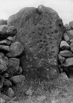 View of cup-marked stone.
Original negative captioned: 'Cup marked stone in Circle at Thorax, Marnoch 1909'.