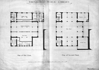 Edinburgh Public Library - plan of First and Second Floors.
Insc. "Bibliotheque" on bottom right hand corner. Insc. on verso "Library Edinburgh Public -Plan of first and Second Floors. one of 6 competition drawings by George Washington Browne 1887".