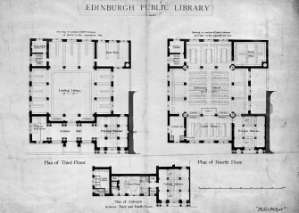 Edinburgh Public Library -plans of Third and Fourth Floors and Plan of Entresol between Third and Fourth Floors. Insc. "Bibliotheque" in bottom right hand corner. Insc. on verso "Library Edinburgh Public Plan of third and fourth floors and entresol between third and fourth floors.  One of 6 competition drawings by George Washington Browne 1887".