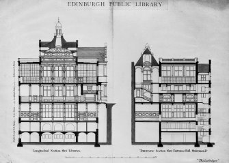 Edinburgh Public Library - longitudinal Section through Libraries; transverse Section through Entrance Hall, Staircase, etc. Insc. "Bibliotheque" in bottom right hand corner. Insc. on verso "Library Edinburgh Public  Longitudinal section through libraries and transverse section through entrance hall, staircase etc.  One of 6 competition drawings by George Washington Browne 1887".