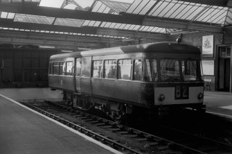 Interior view of Kilmanock Station showing an Ayr bound railbus.
