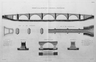 Dunkeld Bridge
Photographic copy of composite drawing of plan, elevation and section, copied from 'The Atlas to the Life of Thomas Telford'.
Insc: 'Bridge over the River Tay at Dunkeld in Pethshire' 'Plate 46'.