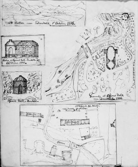 Dunkeld, The Hermitage, Ossian's Hall
Photographic copy of sketch plan, section and elevation of Ossian's Hall.
Copied from page 80v of 'MEMORABILIA, JOn. SIME EDINr. 1840.'
