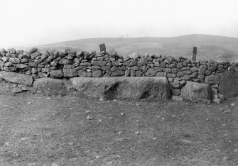 View of recumbent stone and fallen flankers built into dry-stone dike.