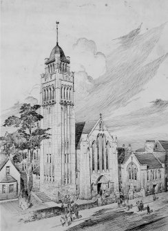 Perspective drawing, with view from the south east of St David's Church and Hall, George Street, Bathgate.
