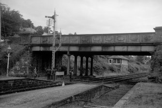 View from W showing bridge and signal box at Callander Station. The station was closed in 1965.