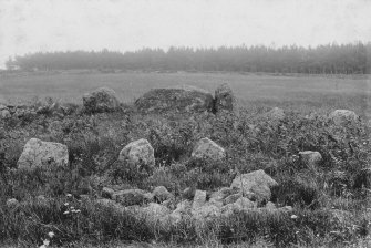 View from the interior of the circle, looking south, showing recumbent stone, flankers and kerb of ring cairn.