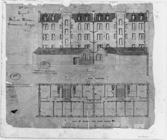 Commercial street, shops and houses.
Photographic copy of second and third floor plans, back elevation (from recto of original).