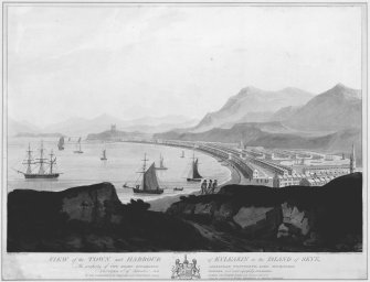 Skye, Kyleakin.
Photographic copy of engraved perspective view showing the town and harbour.
Insc: 'View of the Town and Harbour of Kyleakin in the Island of Skye. The property of The Right Honourable Alexander Wentworth, Lord Macdonald. founded 20th September 1811. Designed and most respectively Inscribed To His Lordship by his obliged and most obedient servant, James Gillespie, Architect and Surveyor General of Works for Scotland to his Royal Highness the Prince Regent'.