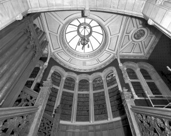 Detail of staircase and ceiling in ground floor hall of Skibo Castle, Sutherland.