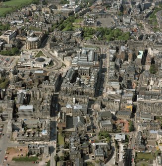 Aerial view showing Old Town, including MacEwan Hall, Cowgate, George Heriots School and George IV Bridge. Digital image of A/40711/CN.
