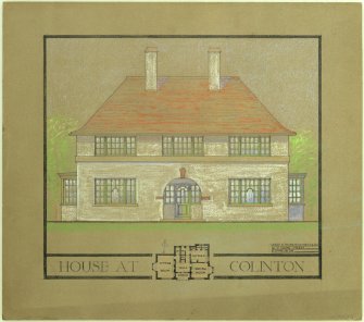 Presentation board showing ground floor plan and South elevation of a private house.
Title: 'House at Colinton'.
Scanned image of E 1231 CN.                                                                                                                                                                                                                                                                                                                                                                                                                                                                                                                                                               
Insc: 'Leslie G. Thomson A.R.I.B.A. F.S.A. Scot. 10 St. Colme Street. Edinburgh.'