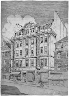 Edinburgh, 14 Frederick Street, Ladies Club.
Perspective view of street facade.
Signed: 'James B. Dunn, architect, F.R.I.B.A.'
Scanned image of D 64998.  
