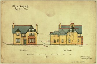 Front and West elevations.
Titled:  'Villa At Gullane Set B. No 3'.
Insc:  '35 Frederick Street Edinburgh June 1897'.  
Scanned image of D 64757.