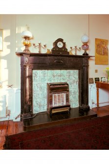 21 Warriston Crescent, interior.
View of tiled fireplace in dining room, painted by Ann Connel, 1936.
