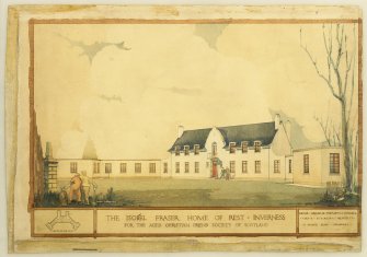 Presentation drawing showing an exterior perspective view.
Title: 'The Isobel Fraser Home of Rest Inverness for The Aged Christian Friend Society of Scotland.'
Insc: 'Leslie Grahame - Thomson & Connell ARSA F/ARIBA Architects 6 Ainslie Place Edinburgh'  'Ernest J. Mears Delt.'
Scanned image of E 1227 CN.