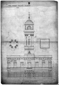 31, 33, 35 Lynedoch Place, Free Church College.
Photographic copy of elevation to Lynedoch Street.
Titled: 'For Free Church College, Glasgow  No 9  B'
Signed: 'Charles Wilson - Architect  10th Decr 1855  9/8681'
Pen and ink on linen-backed paper.