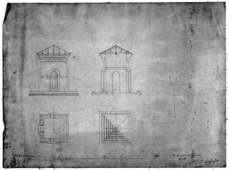 31, 33, 35 Lynedoch Place, Free Church College
Photographic copy of Pen, ink and pencil 1":5' elevations and plans
Original titled: 'For Free Church College  Glasgow, 33 Bath Street  August 1859  138/10216'