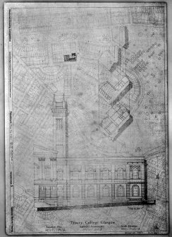 Glasgow, 31, 33, 35 Lynedoch Place, Free Church College.
North elevation and exploded axonometric arranged over site plan
Titled: 'Trinity College Glasgow'.