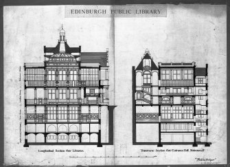 Photographic copy of sheet 4 of set of 6 drawings of Plans, Elevations and Sections-Longitudinal and Transverse Sections
Unsigned, marked "Bibliotheque"   Dated "17 September 1887"