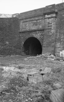 View from SW showing WSW front of S portal of Buchan Street Station Tunnel with part of relieving arch over Queen Street Station Tunnel on left