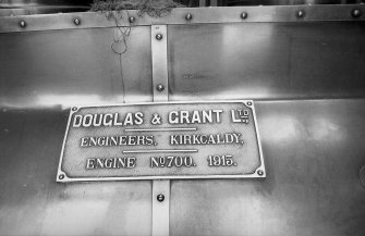 Interior
View showing name plate of Douglas and Grant Tandem Compound Engine which is inscribed 'DOUGLAS & GRANT LTD., ENGINEERS, KIRKCALDY, ENGINE NO. 700. 1915.'