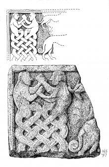 Drawing of the sculptured stone fragment, with a conjectural reconstruction.