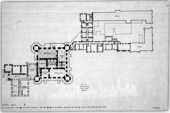 Taymouth Castle. Digital image of PTD/97/1/P.
Photographic copy of ground floor plan and plan of floor of office with site of William Adam East wing marked and stages of construction indicated.
Titled: 'Taymouth Castle'.
