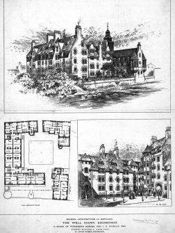 Digital image of a page showing ground plan, view from river and view from courtyard, inscr; 'A block of workmen's houses, for J R Findlay, Esq.' From the British Architect.