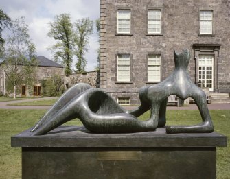 Front view of sculpture, 'Reclining Figure' (1951) by Henry Moore outside Inverleith House. Digital image of A/37380/CN.