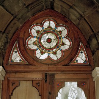 Interior.
Detail of remaining stained glass in hall.
