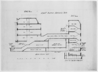 Air raid shelter.  
Sections of entire building showing position of shelter, including details of basement reinforcement.
Scanned image of E 21779.