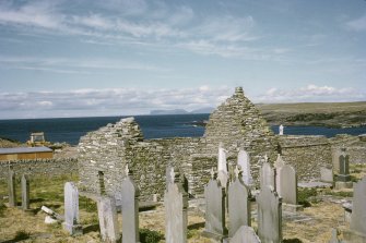 Copy of colour slide showing general view of St Mary's Chapel Crosskirk, Caithness
Insc: "General view from S.W."
NMRS Survey of Private Collection 
Digital Image Only