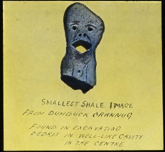 Dumbuck crannog excavation.
Titled: 'Smallest shale image from Dumbuck crannog found in excavating debris in well-like cavity in the centre'.