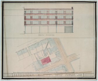 Photographic copy of drawing showing additions and alterations to 16 Bernard Terrace for Messrs C & J Brown.
Site plan and S elevation showing conversion into furniture depository.

