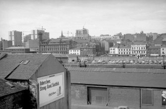 General view looking N from Randolph and Elder Engineering Works showing Broomielaw with part of Clyde Place Quay goods shed in foreground