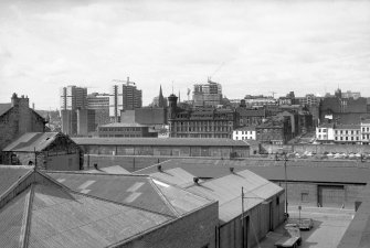 General view looking N from Randolph and Elder Engineering Works showing part of Clyde Place Quay goods shed with Broomielaw in background and part of 6-12 Tradeston Street in foreground
