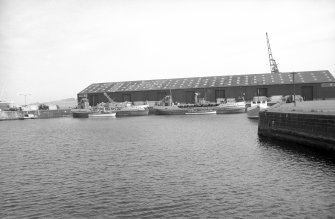 View from NNW showing hopper barges in Camperdown Dock with E transit shed of The Queen Elizabeth Wharf in background