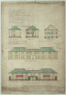 Carrick Knowe Housing Estate.
Mactaggart & Mickel Flats.
Elevations and sections of flats.
Titled: 'Carrick Knowe, Saughton Edinburgh Block Of flats Type For Messrs Mactaggart And Mickel Ltd'.
Insc: 'Stewart Kaye A.R.I.B.A. Architect 14 Hill Street Edinburgh November 1935 Drawing No 21 Sheet No 3'.
Insc on verso: 'Elevation 'G' Block. 52 C/Knowe'.