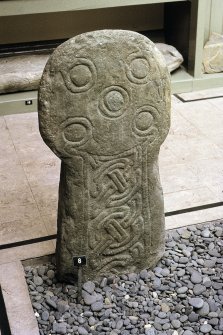 Copy of colour slide showing detail of stone no.8 in Whithorn Priory museum-
Insc: " Cross stone no.8  Front; 10th century"
NMRS Survey of Private Collection 
Digital Image Only