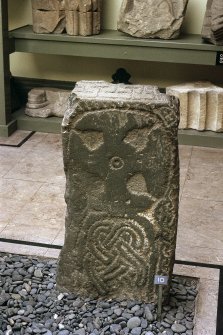 Copy of colour slide showing detail of stone no.10 in Whithorn Priory museum-
Insc: "  Stone no.10, 11th century Cross slab, back and top."
NMRS Survey of Private Collection 
Digital Image Only