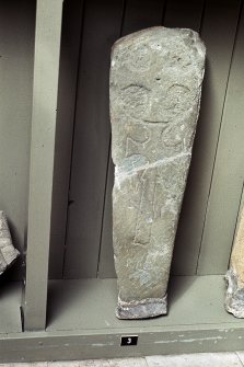 Copy of colour slide showing detail of stones in Whithorn Priory museum-
Insc: " Stones from St. Ninian's Cave, Physgill,  Whithorn Museum stone C3 ' Late Northumbrian' prob 9th century cf Chadwell "
NMRS Survey of Private Collection 
Digital Image Only