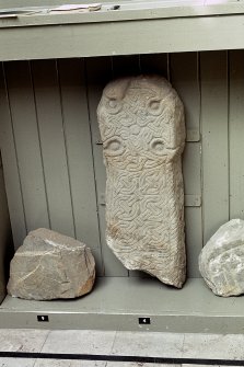 Copy of colour slide showing detail of stones in Whithorn Priory museum-
Insc: " Stone from St. Ninian's Cave, Physgill,  Whithorn Museum stone C4 "
NMRS Survey of Private Collection 
Digital Image Only