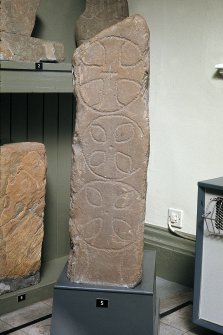 Copy of colour slide showing detail of stones in Whithorn Priory museum-
Insc: " Stone from St. Ninian's Cave, Physgill,  Whithorn Museum stone C5  10th/11th century "
NMRS Survey of Private Collection 
Digital Image Only