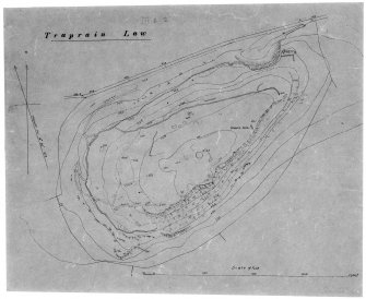 Digital image of black and red ink plan of Traprain Law, annotated 'Traprain Law'. Show outlines of Curle and Cree excavation trenches A-Q, but excludes R-T undertaken in 1923.