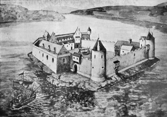 Sketch of Lochindorb Castle by W D Simpson. Taken from post 1931 publication 'Lochindorb Castle.